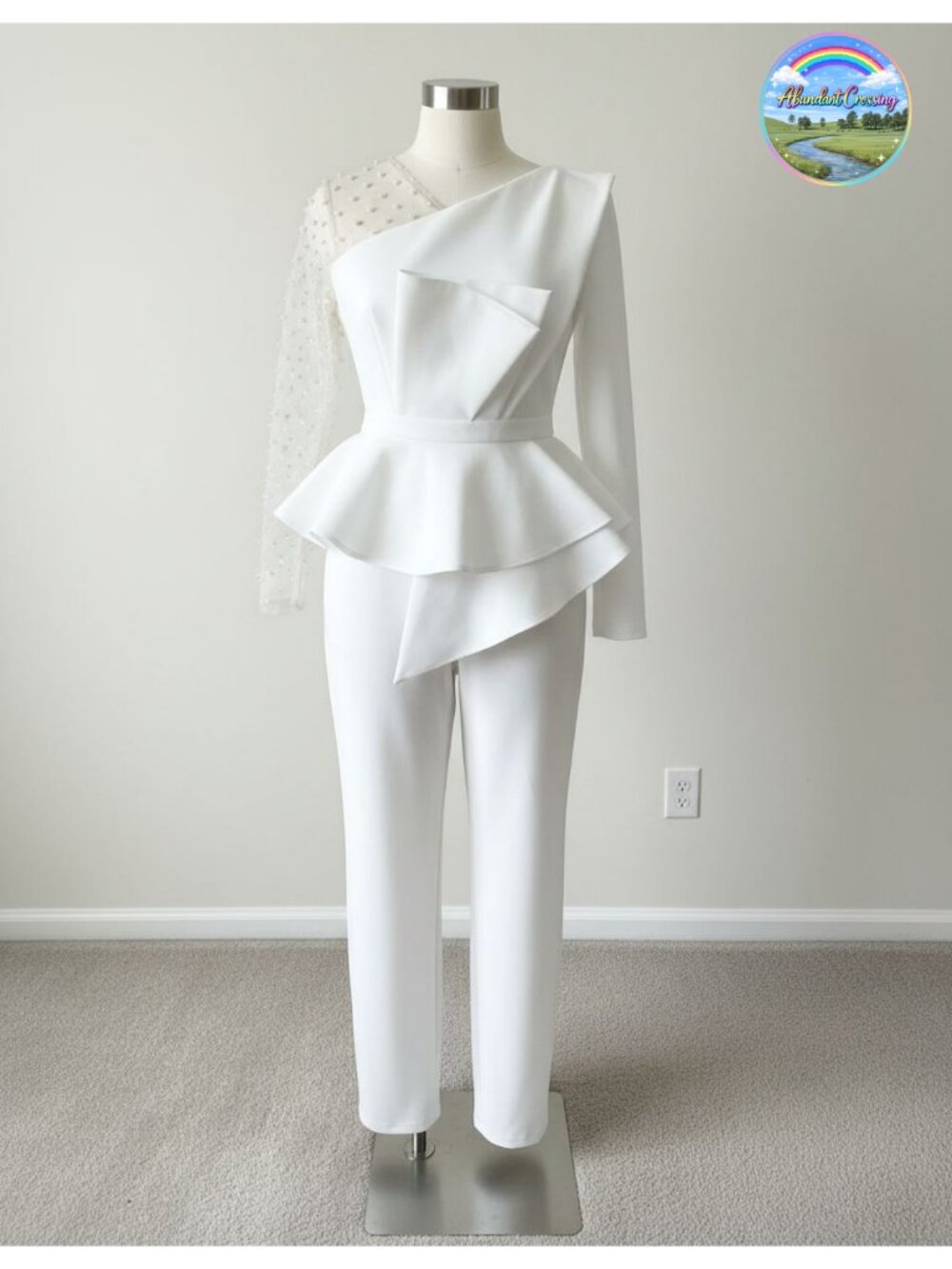 Mesh Patchwork Bead Long Sleeve Peplum Jumpsuit